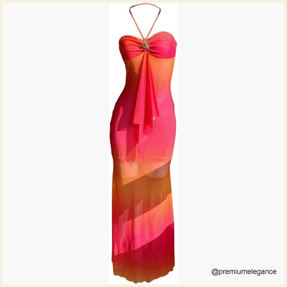 Mesh Halter Maxi Dress Ruched Bodycon Beach Vacation Long Dress